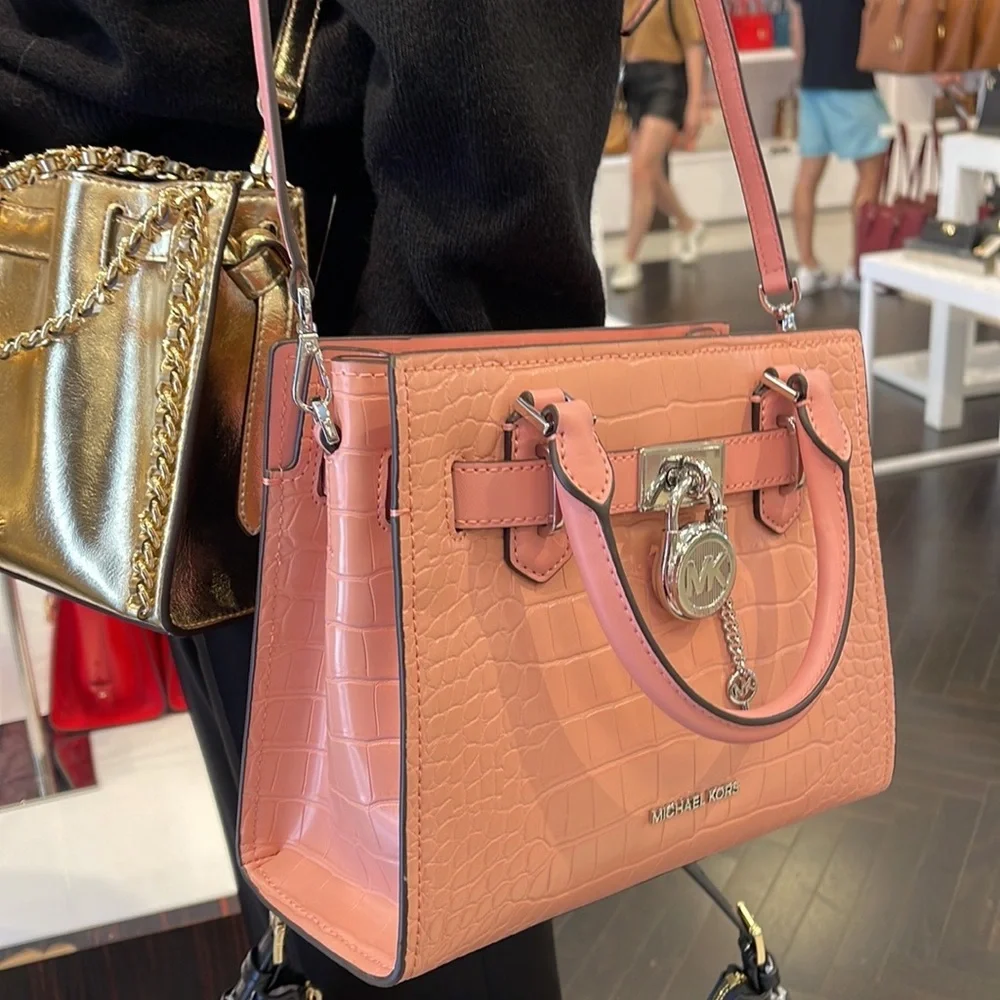 MICHAEL KORS Hamilton Small Crocodile Embossed Faux Leather Satchel Primrose NWT